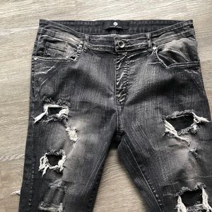 Mens stacked distressed stone washed jeans